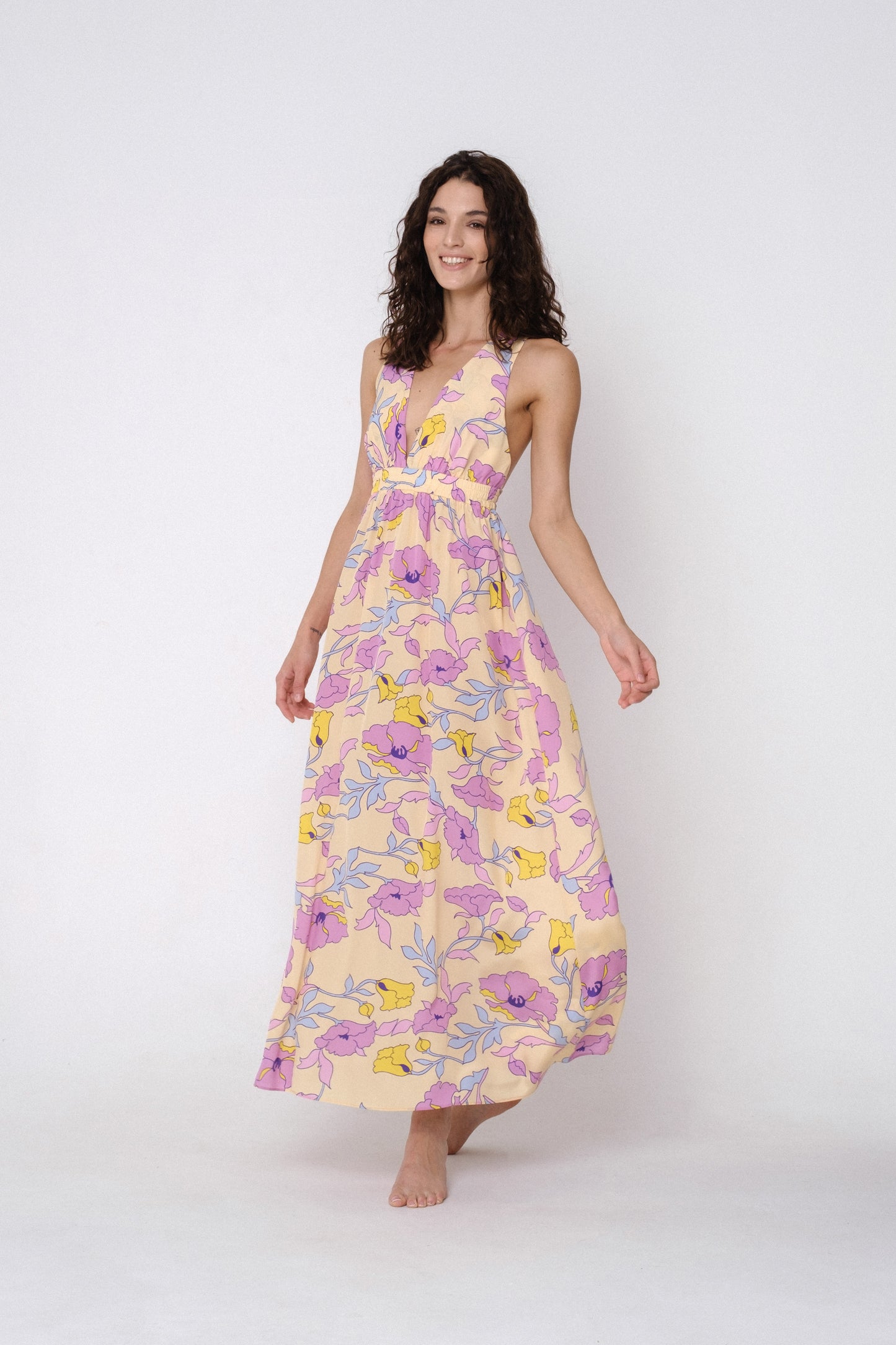 Open-back maxi floral silk sundress