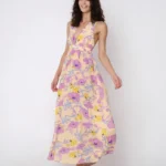 Open-back maxi floral silk sundress